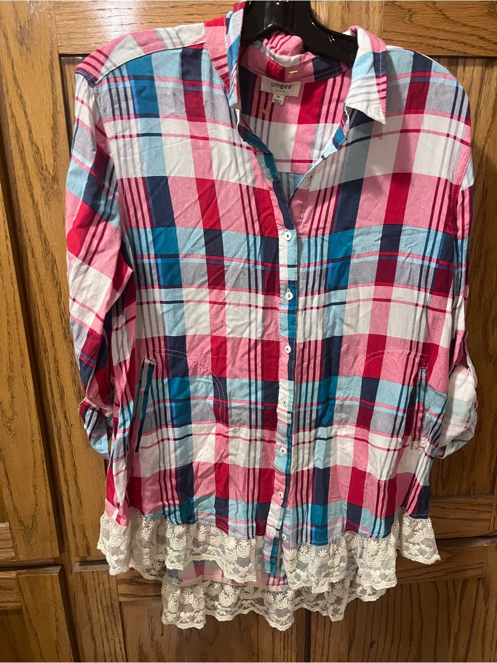 Umgee Pink Blue White Plaid Tunic with Lace Trim